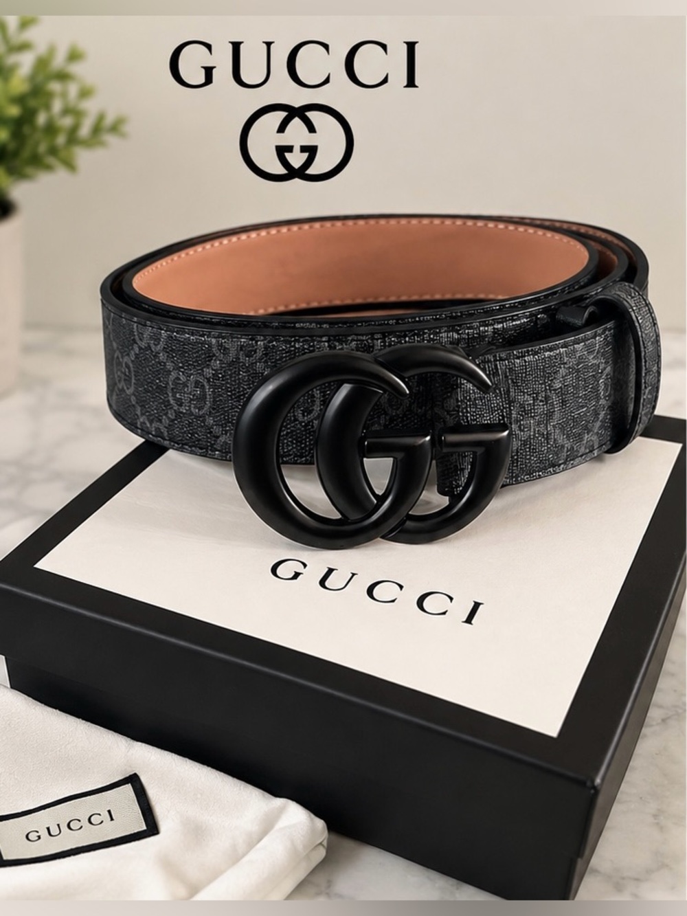 Gucci Gray GG Canvas Belt with Black Double G Buckle